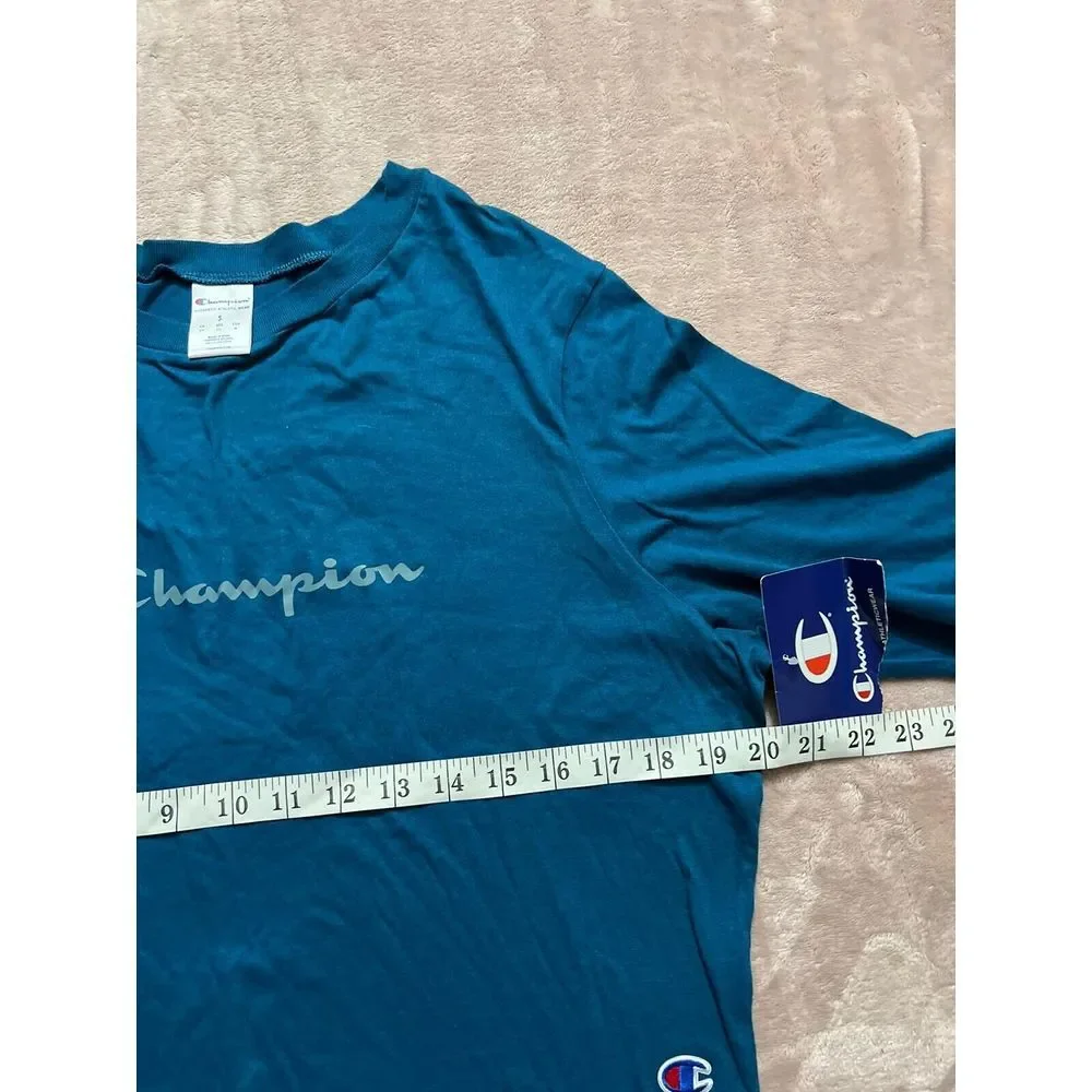 Champion Men T-Shirt Logo Spellout Long Sleeve Tee Pullover Blue Size Small‎